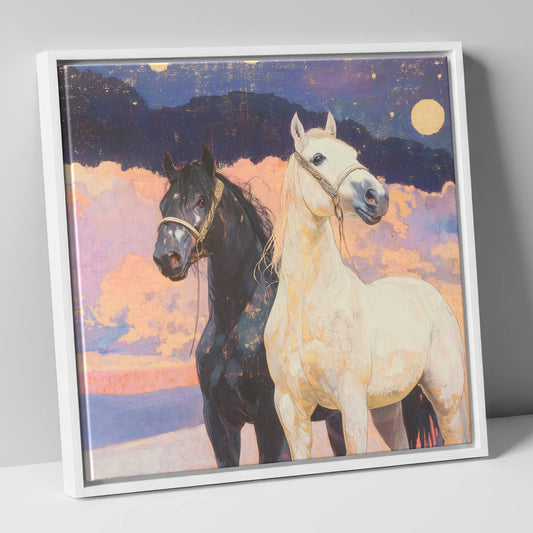 Midnight and Dawn horse landscape canvas wall art in white frame