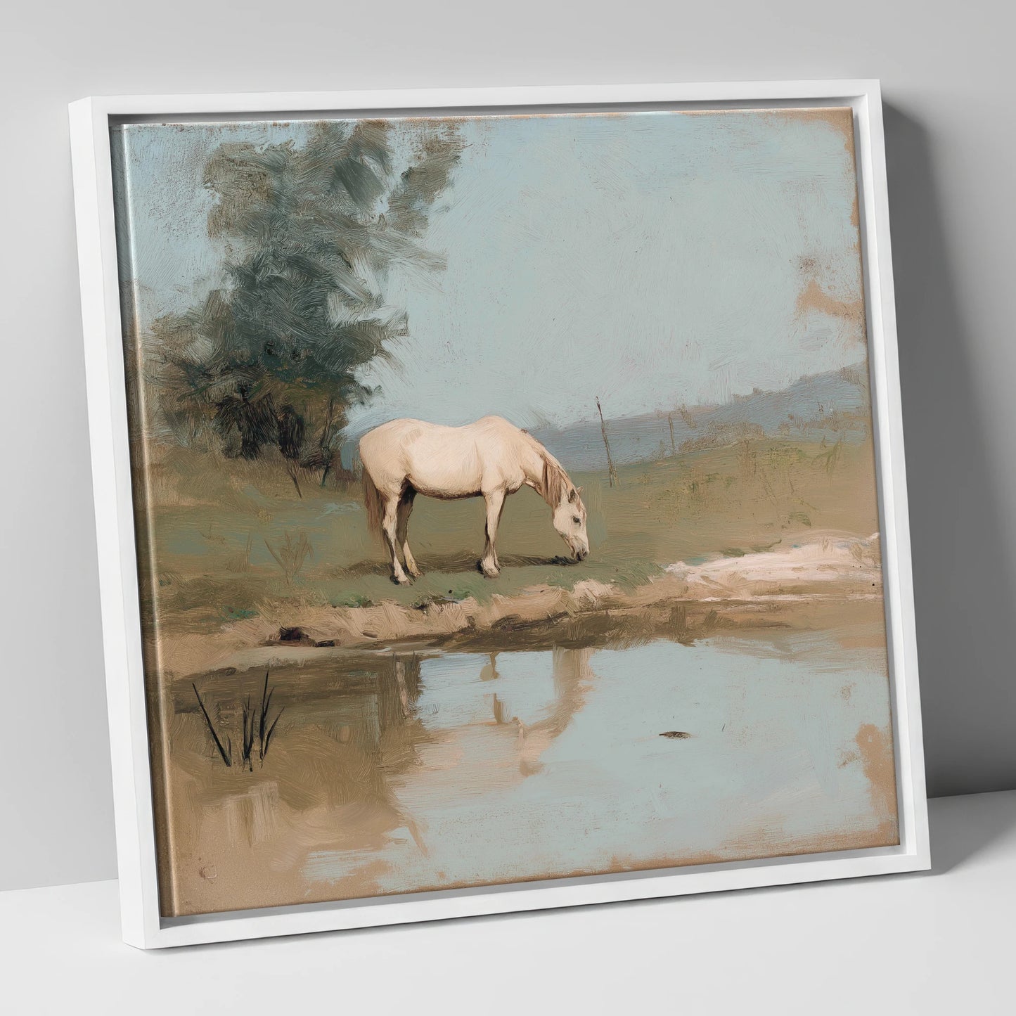 Pastoral Reflection horse landscape canvas wall art in white frame