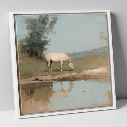 Pastoral Reflection horse landscape canvas wall art in white frame