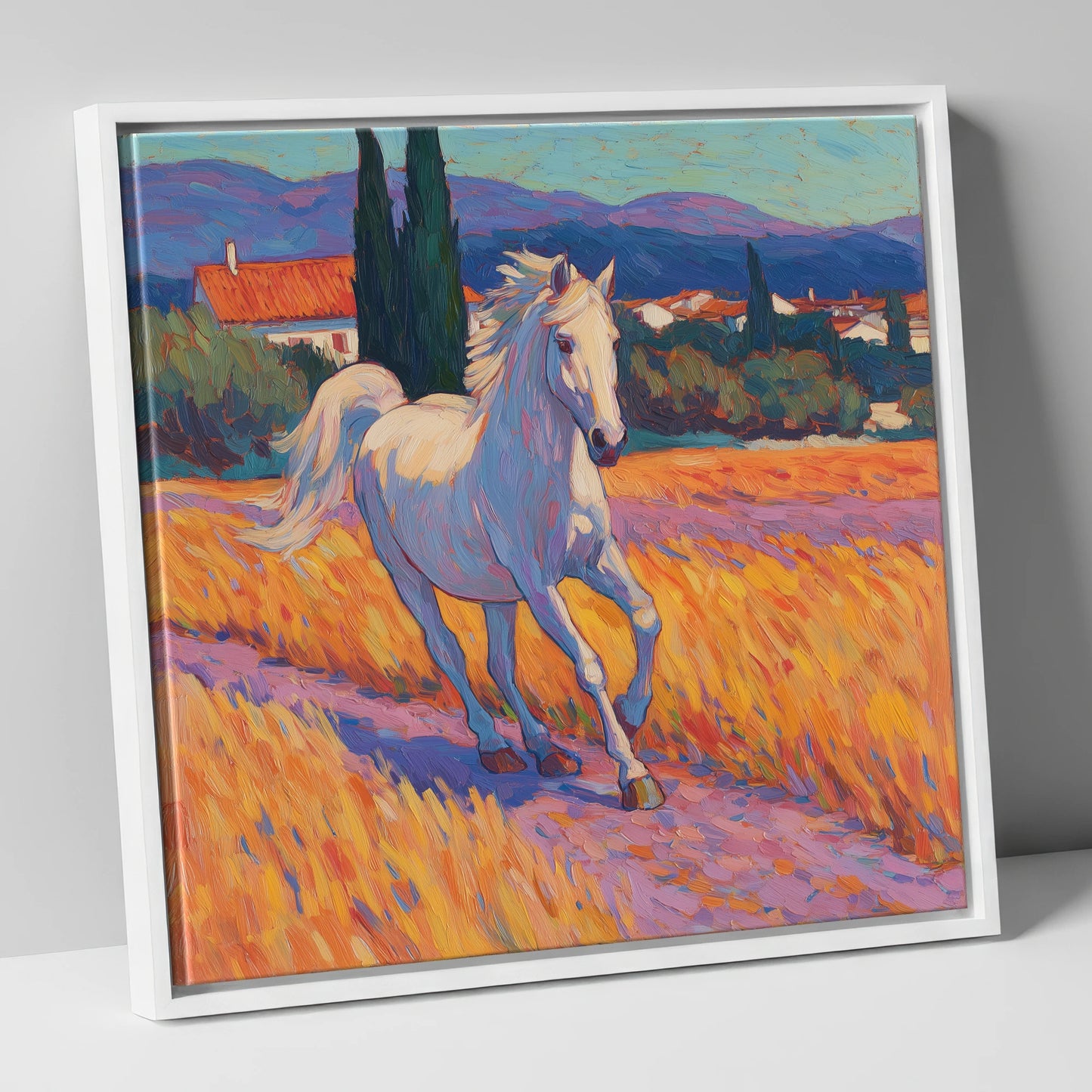 Sunlit Provincial Grey horse breed canvas wall art in white frame