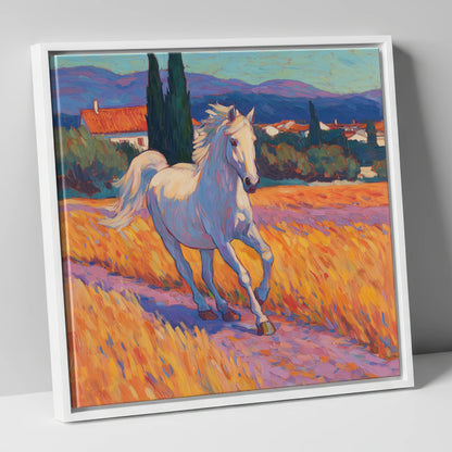Sunlit Provincial Grey horse breed canvas wall art in white frame