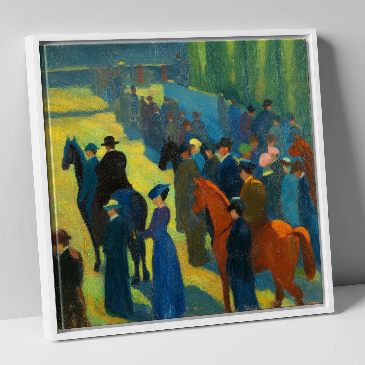 Paddock Gathering racing horse canvas wall art in white frame