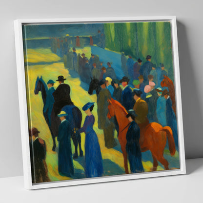 Paddock Gathering racing horse canvas wall art in white frame