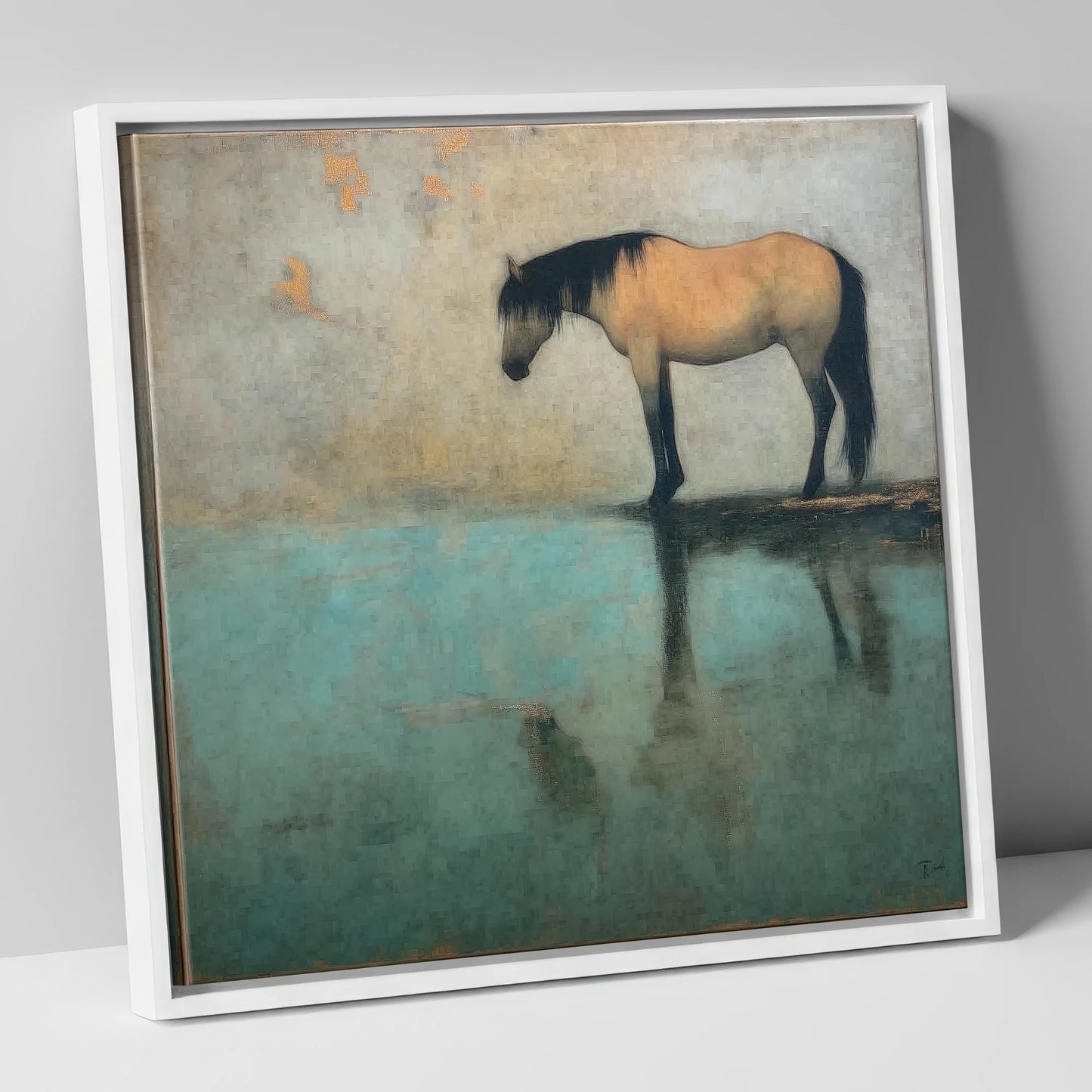 Tranquil Waters Reflection horse landscape canvas wall art in white frame