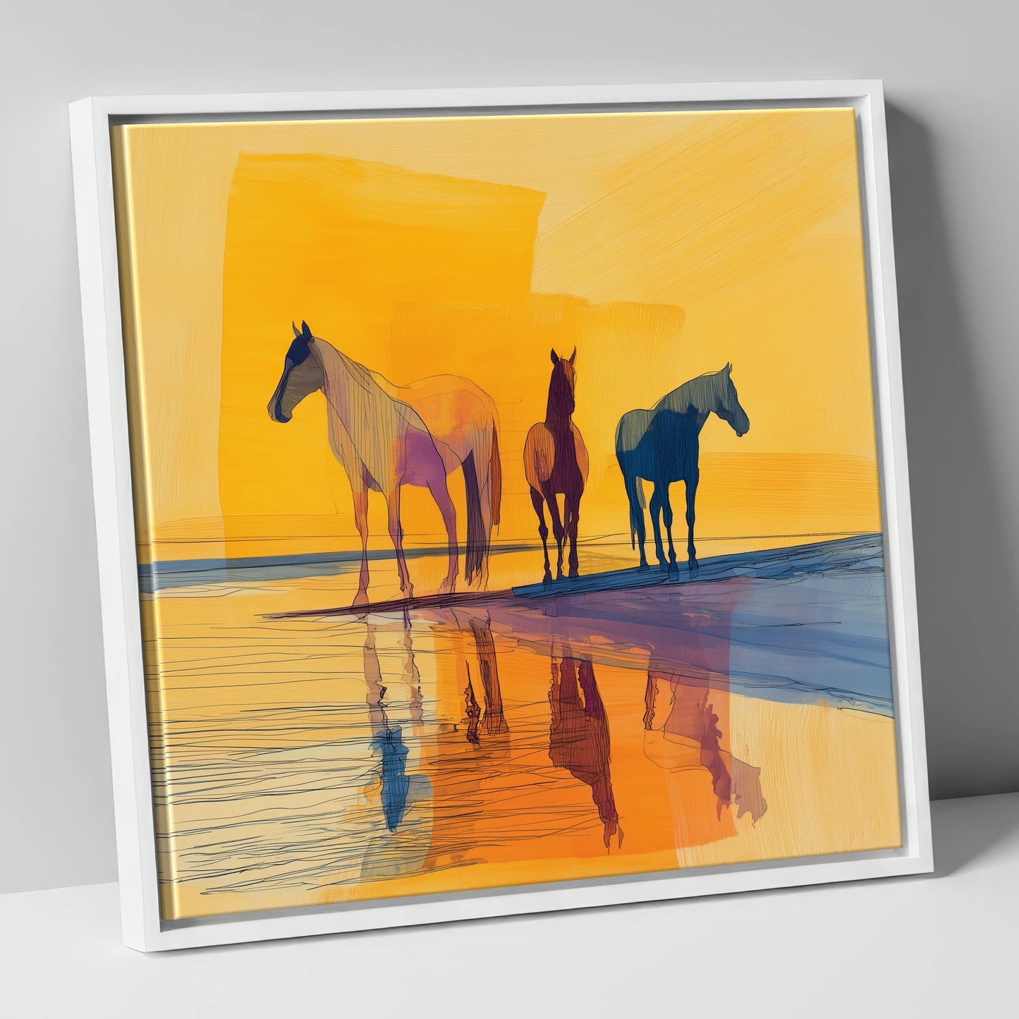 Amber Horizon Horses horse landscape canvas wall art in white frame