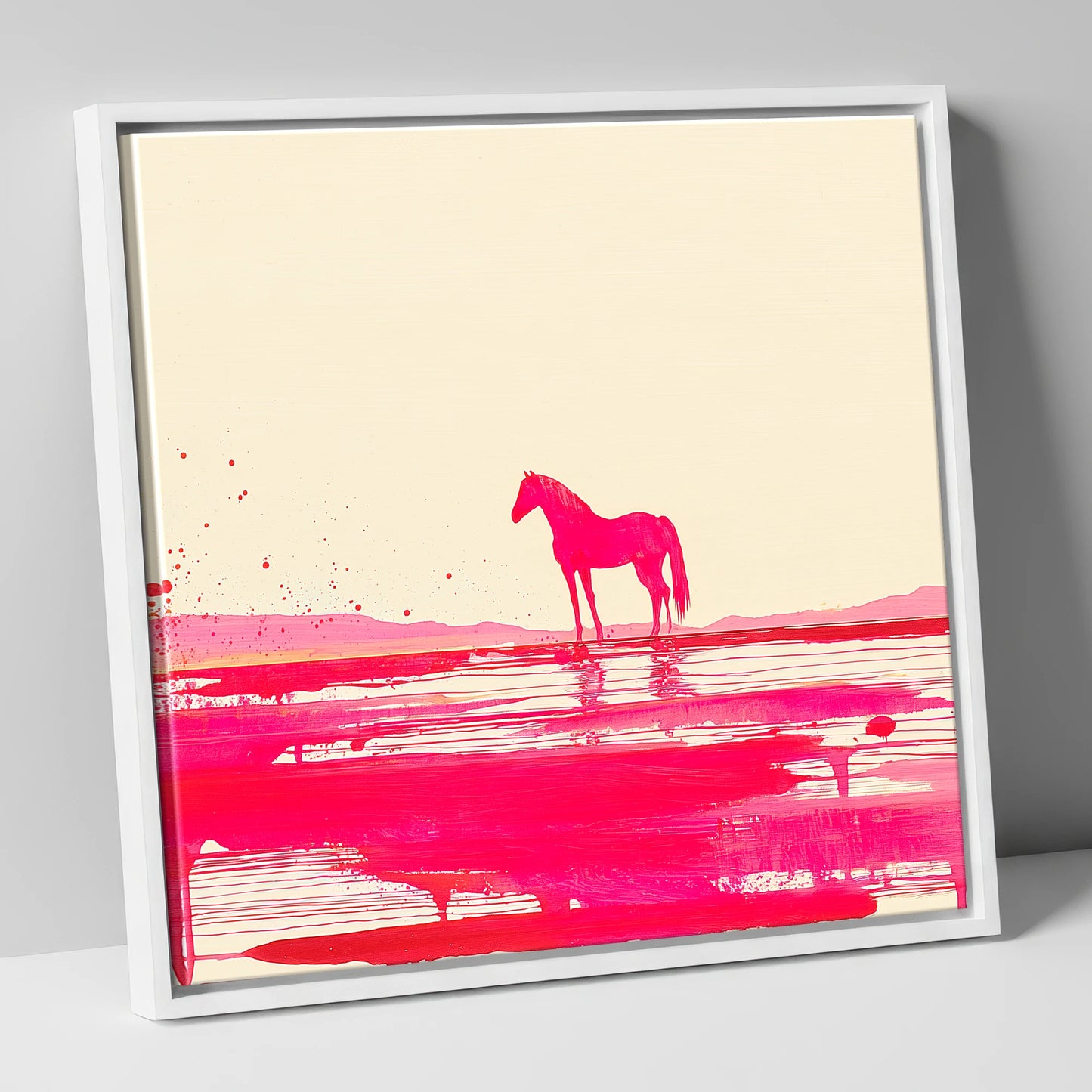 Magenta Horizon Reflection horse landscape canvas wall art in white frame