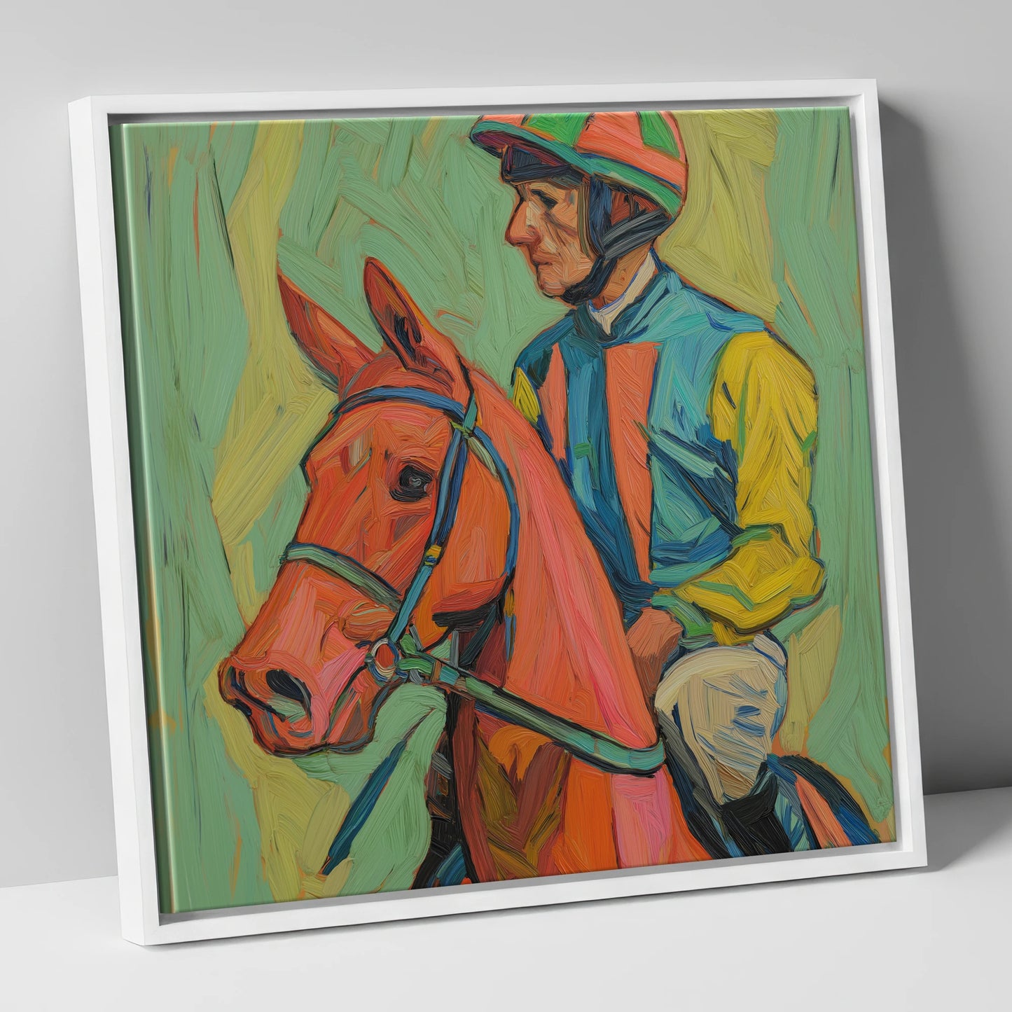 Colours of the Turf racing horse canvas wall art in white frame