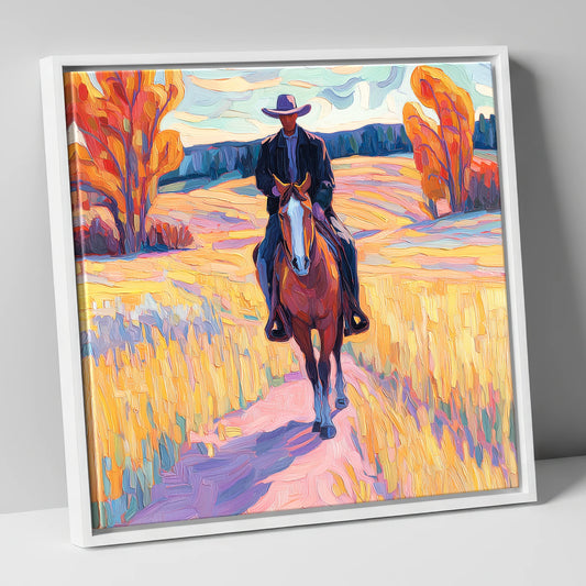 Vibrant Western Trail western horse canvas wall art in white frame