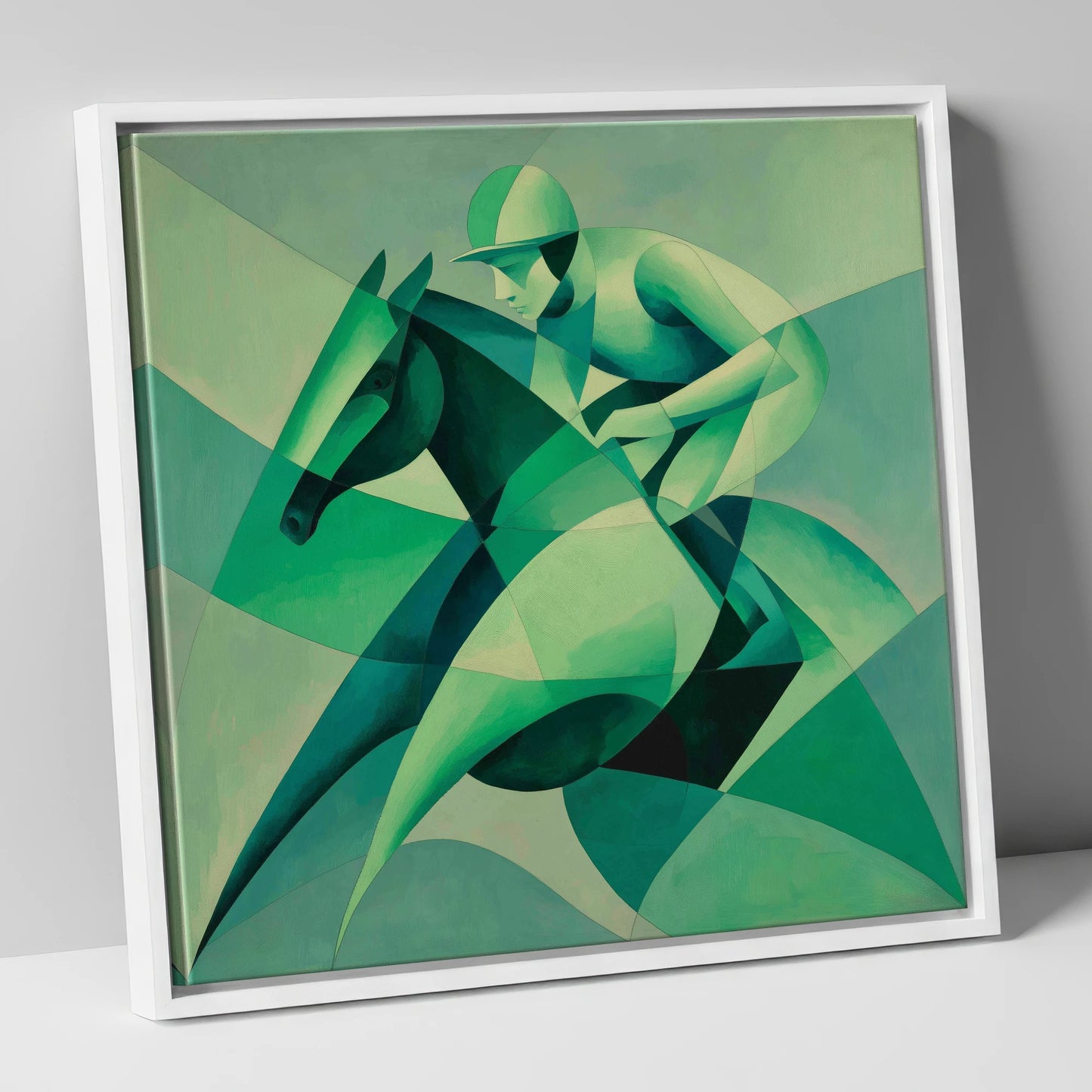 Emerald Racing Form racing horse canvas wall art in white frame