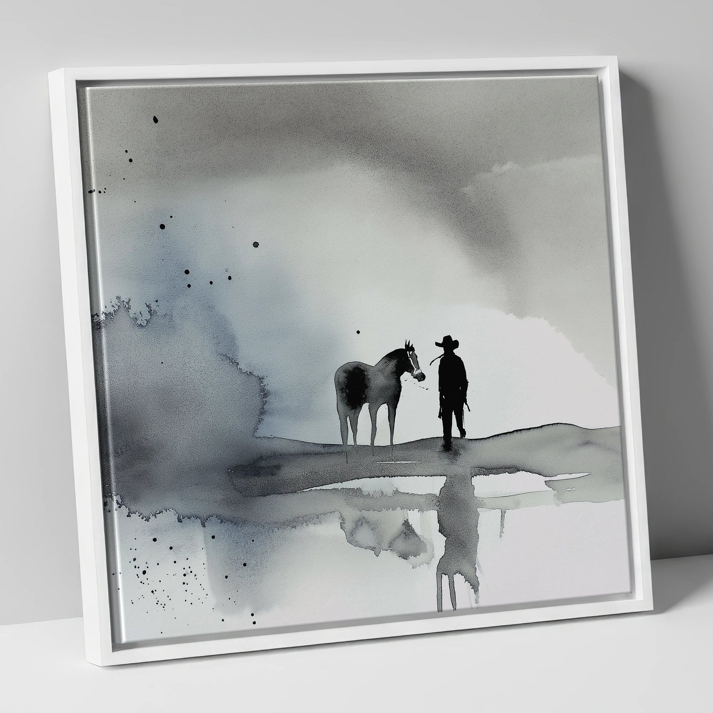 Silent Western Horizon western horse canvas wall art in white frame