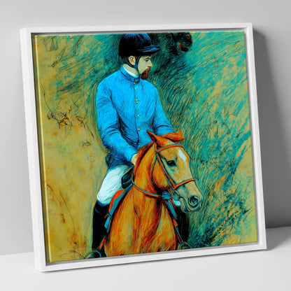 The Cerulean Jockey racing horse canvas wall art in white frame