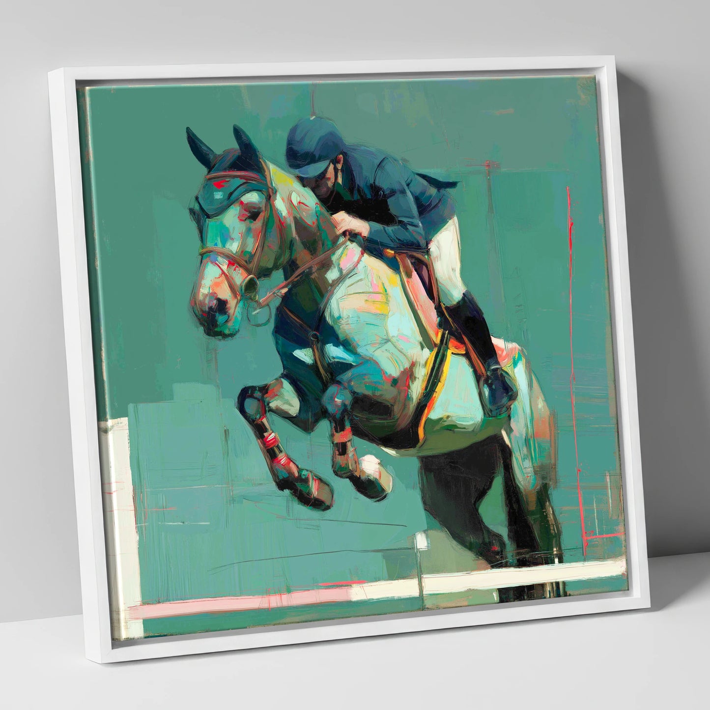 The Perfect Clearance show jumping horse canvas wall art in white frame