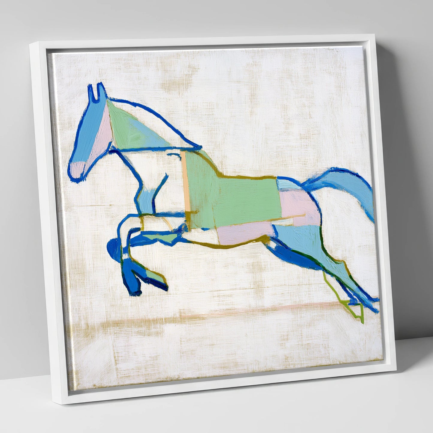 Geometric Azure Leap show jumping horse canvas wall art in white frame