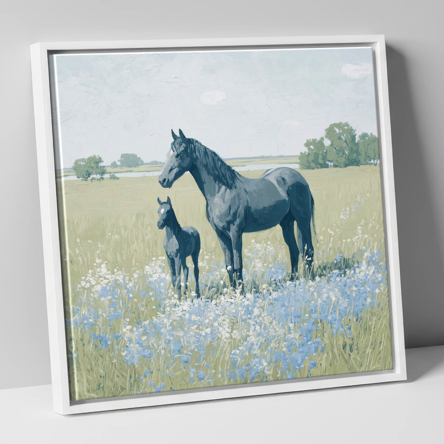 The Blue Meadow mare & foal canvas wall art in white frame