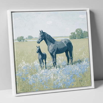 The Blue Meadow mare & foal canvas wall art in white frame