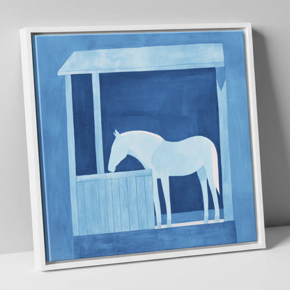 Indigo Solitude horse stable canvas wall art in white frame