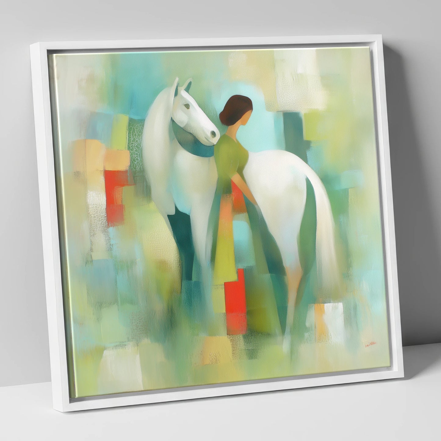 Verdant Harmony horse & rider canvas wall art in white frame