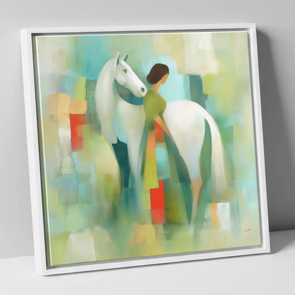 Verdant Harmony horse & rider canvas wall art in white frame