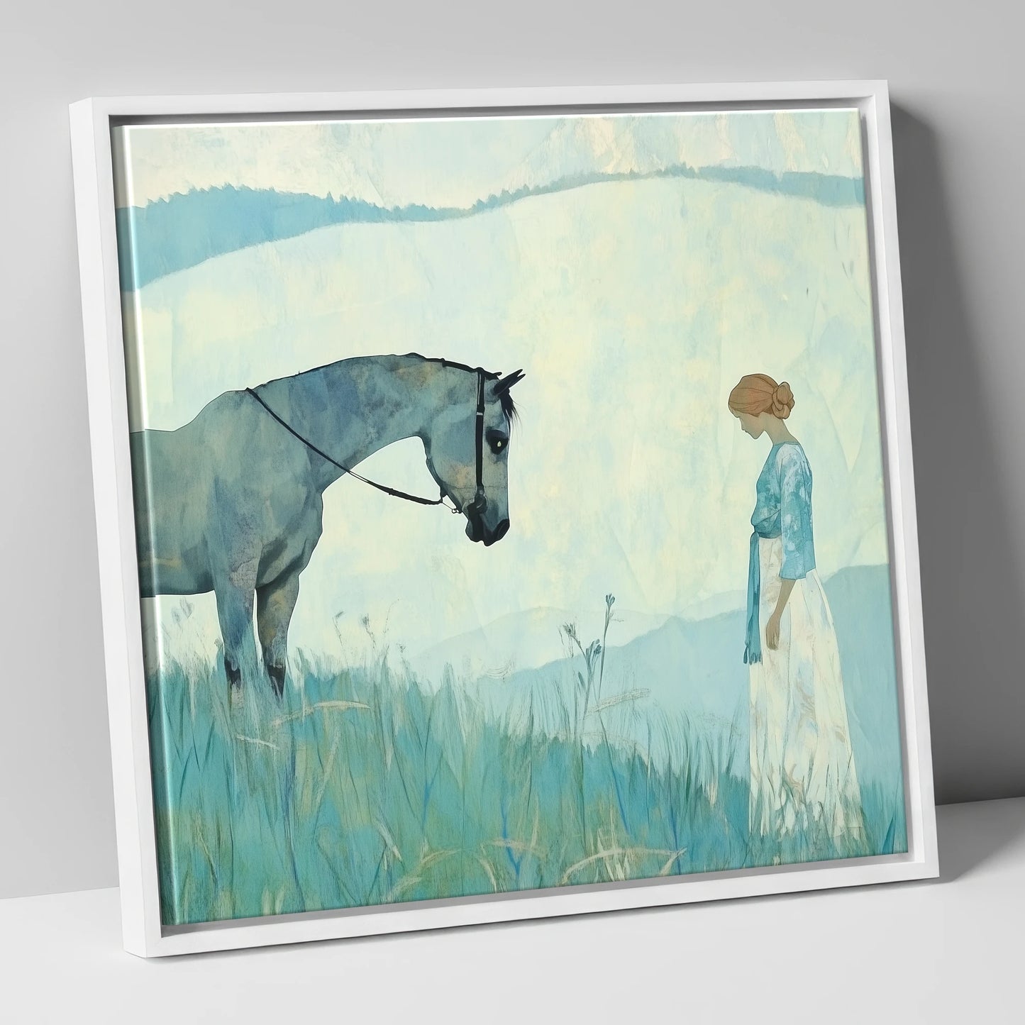 Gentle Regard horse & rider canvas wall art in white frame