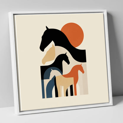 Retro Equine Silhouettes wild horses canvas wall art in white frame