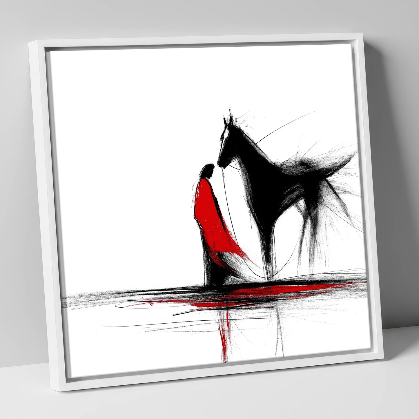 Crimson Connection horse & rider canvas wall art in white frame