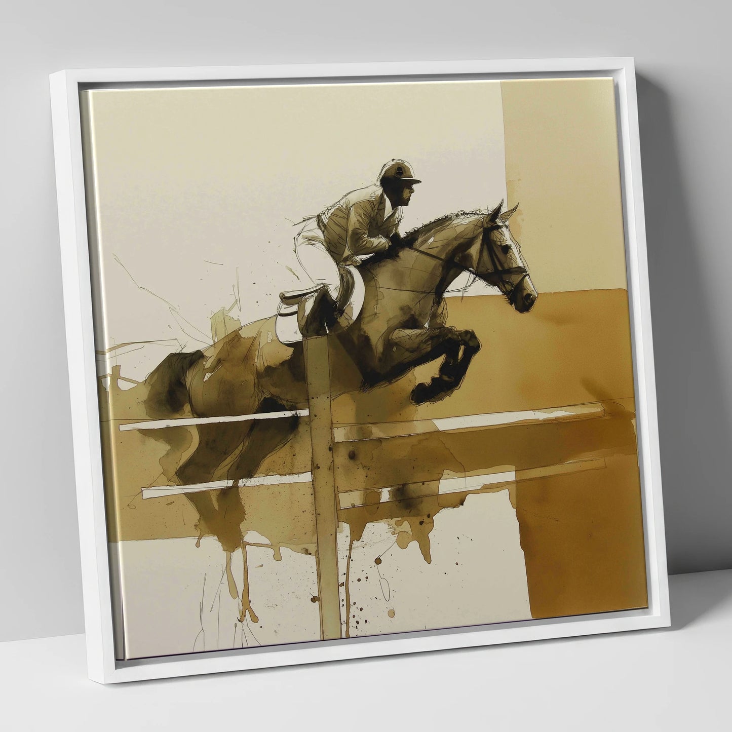 The Perfect Bascule show jumping horse canvas wall art in white frame