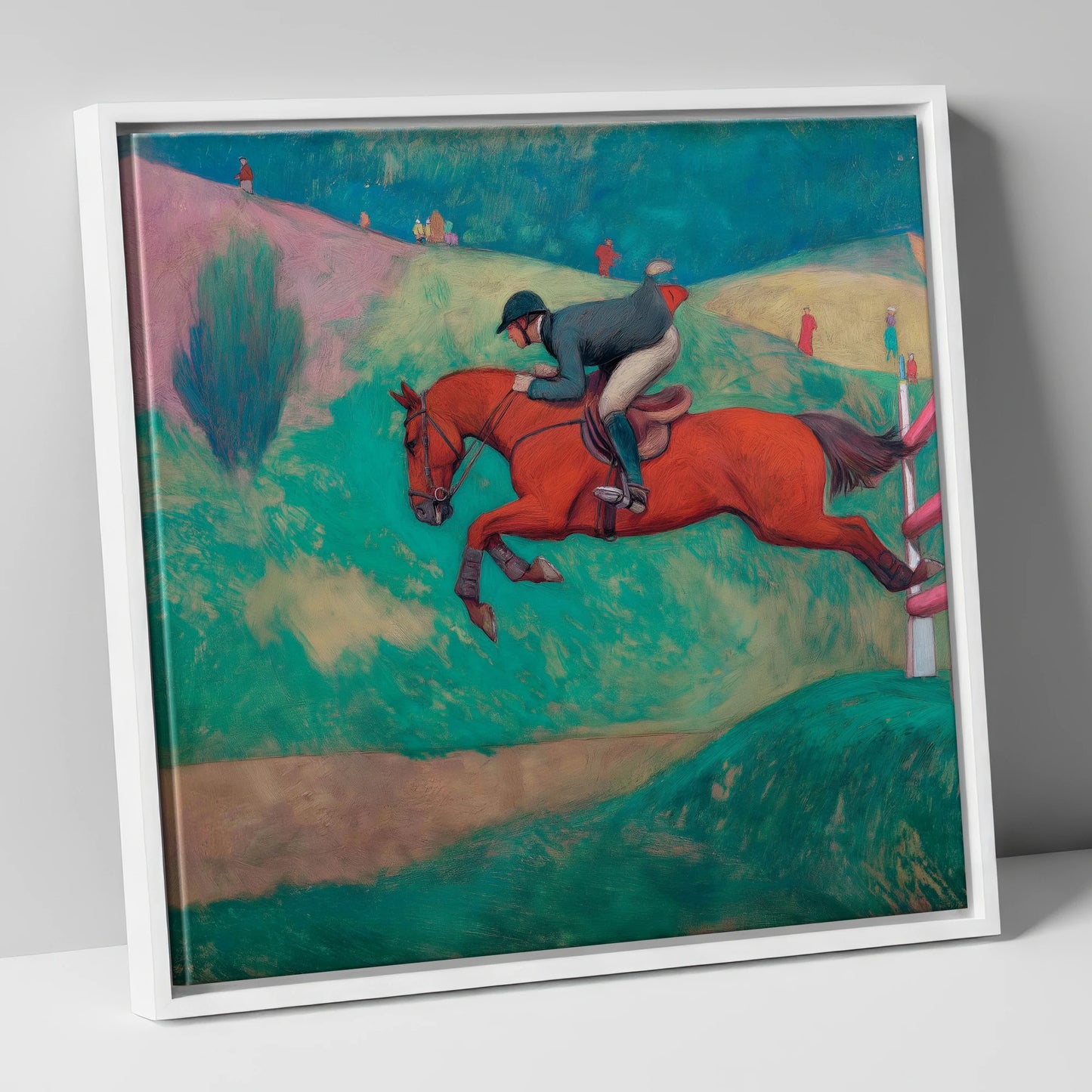 Flight Over Emerald Hills show jumping horse canvas wall art in white frame