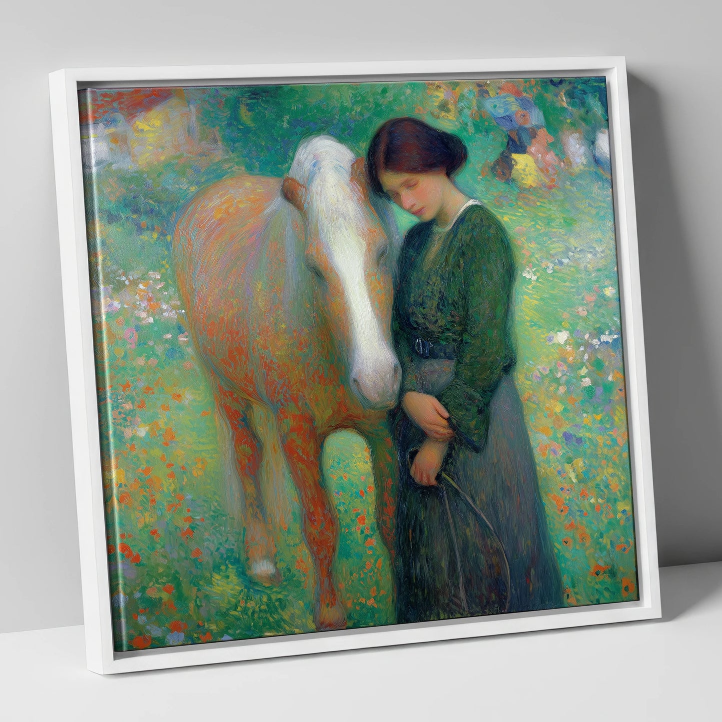 Meadow's Embrace horse & rider canvas wall art in white frame