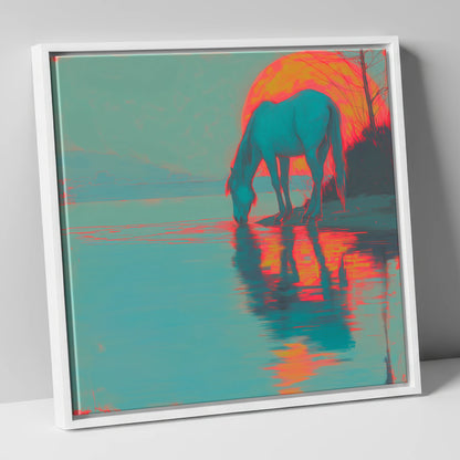 Electric Sunset Reflections horse landscape canvas wall art in white frame