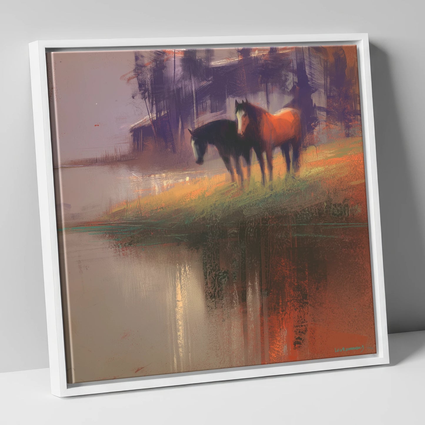 Waterside Reflections wild horses canvas wall art in white frame