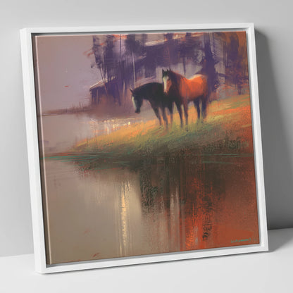 Waterside Reflections wild horses canvas wall art in white frame