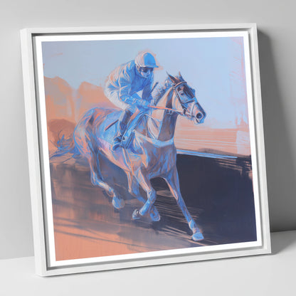 Indigo Stride racing horse canvas wall art in white frame