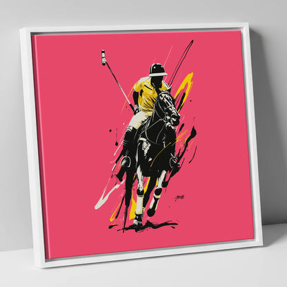 Velocity in Magenta polo horse canvas wall art in white frame