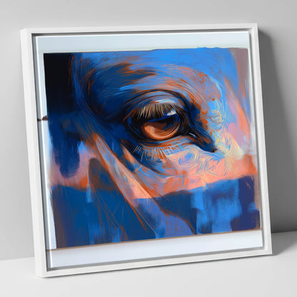 Soulful Azure Gaze horse portrait canvas wall art in white frame