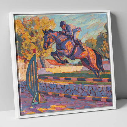 Sunset Flight show jumping horse canvas wall art in white frame