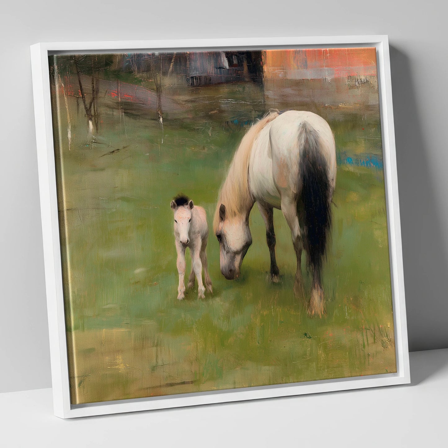 Quiet Pastoral Bond mare & foal canvas wall art in white frame
