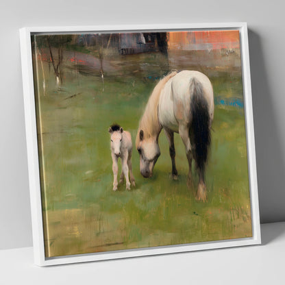 Quiet Pastoral Bond mare & foal canvas wall art in white frame