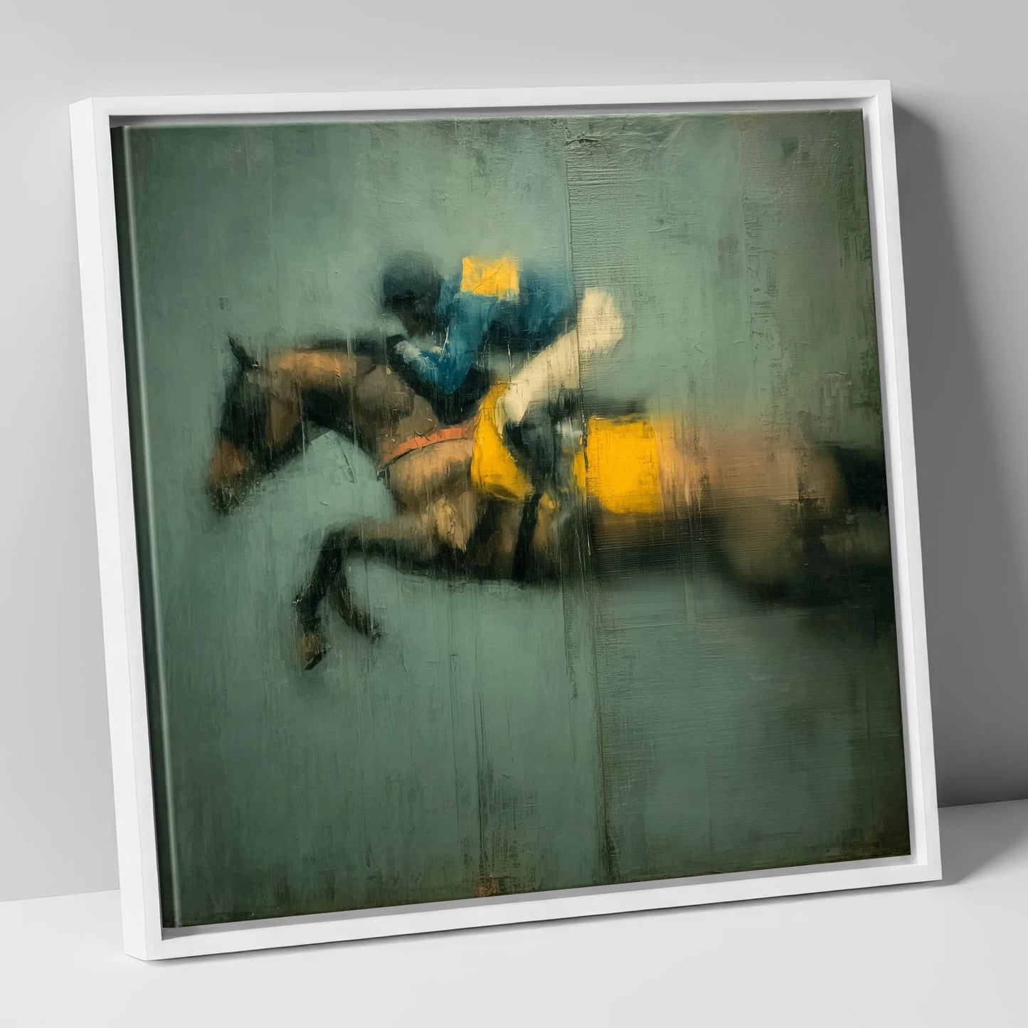 Airborne in Teal and Gold show jumping horse canvas wall art in white frame