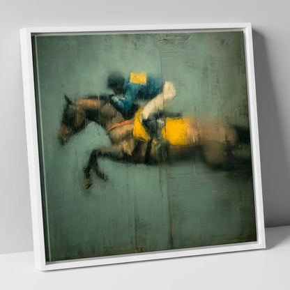 Airborne in Teal and Gold show jumping horse canvas wall art in white frame