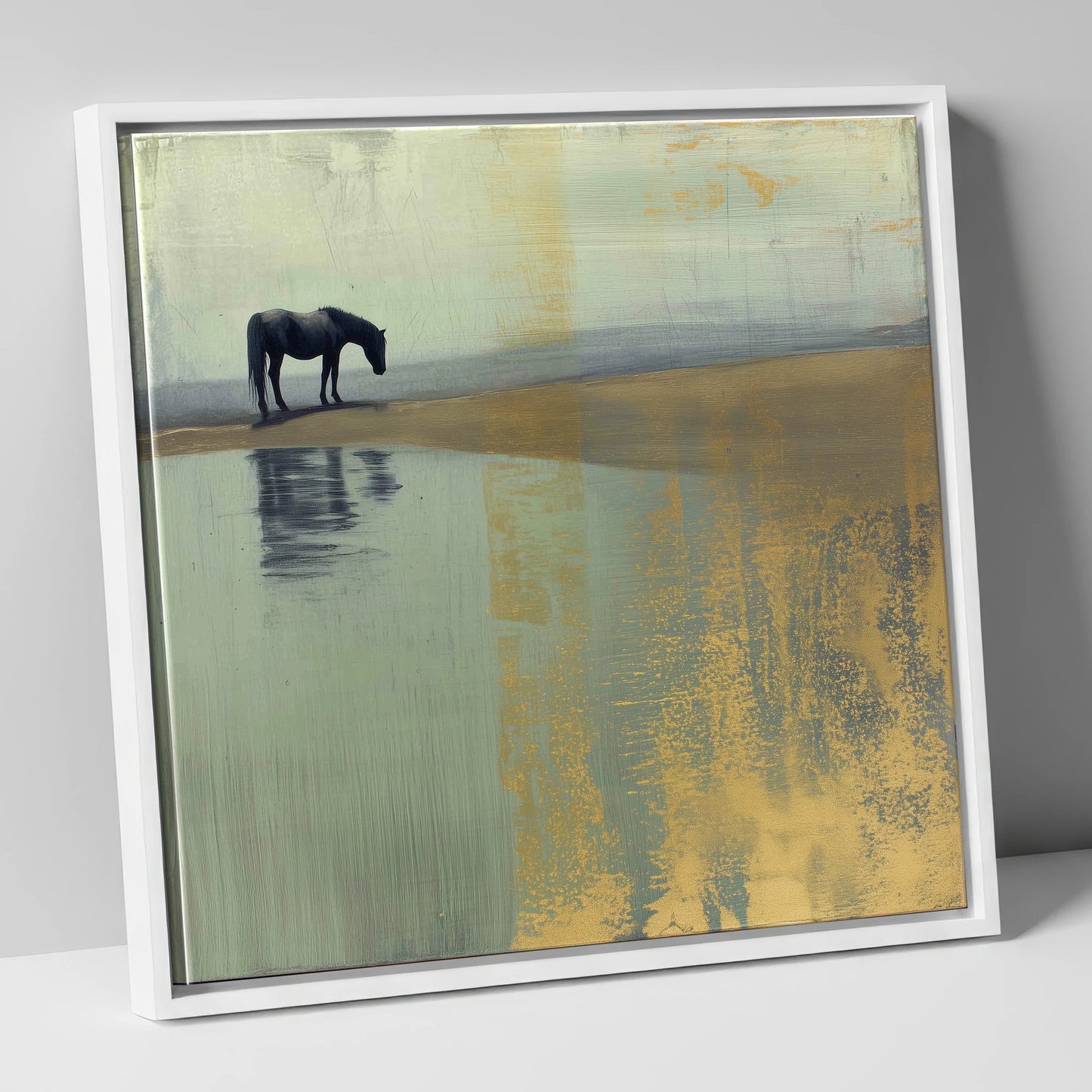 Gilded Solitude horse landscape canvas wall art in white frame