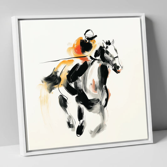 Flash of Amber racing horse canvas wall art in white frame