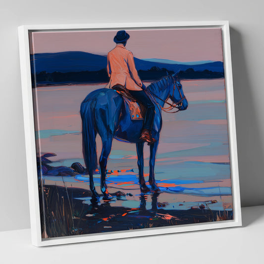 Indigo Coastal Hack beach horse canvas wall art in white frame