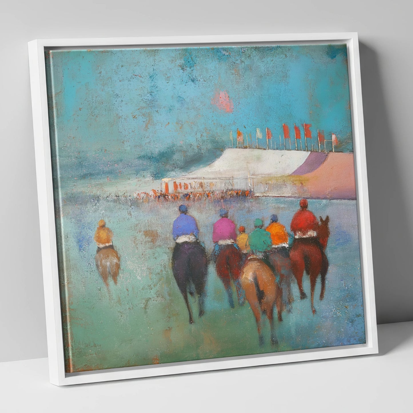 Heading to the Post racing horse canvas wall art in white frame