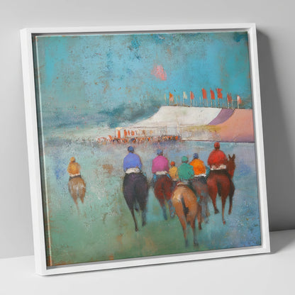 Heading to the Post racing horse canvas wall art in white frame
