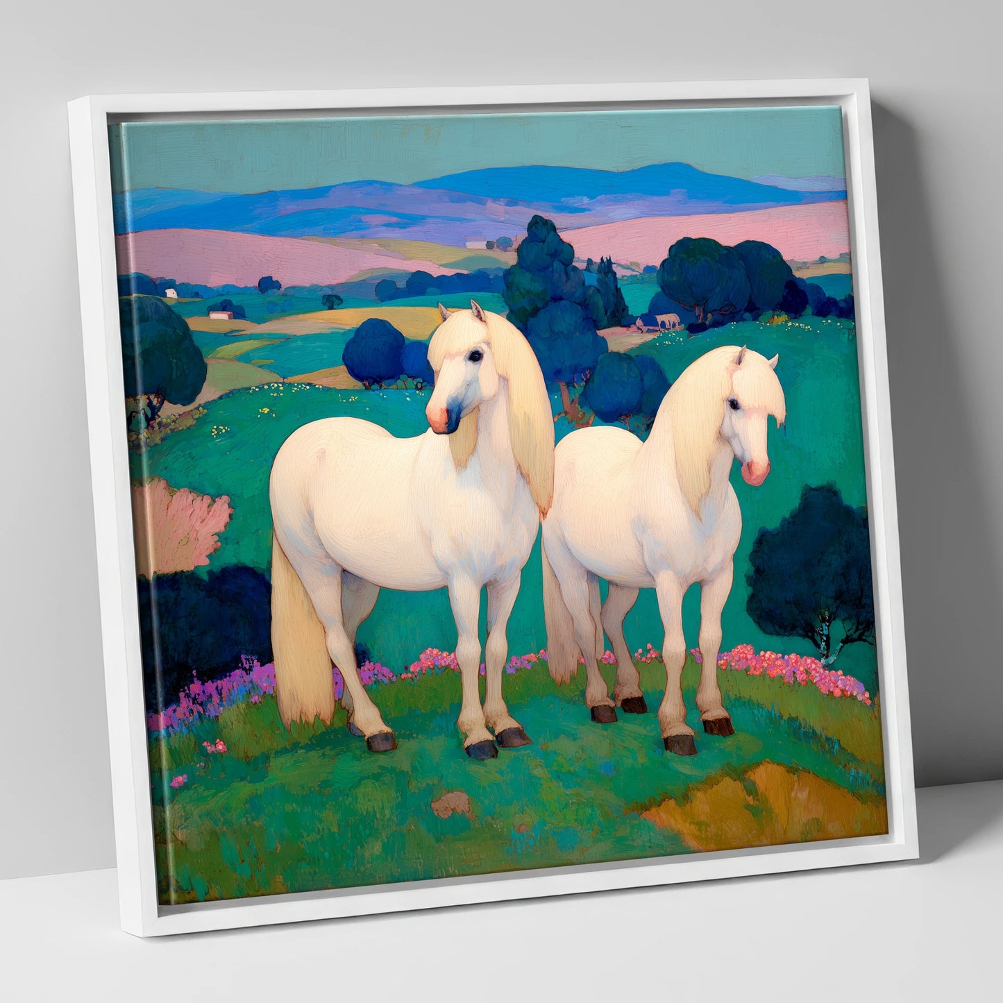 Pastel Horizons horse landscape canvas wall art in white frame