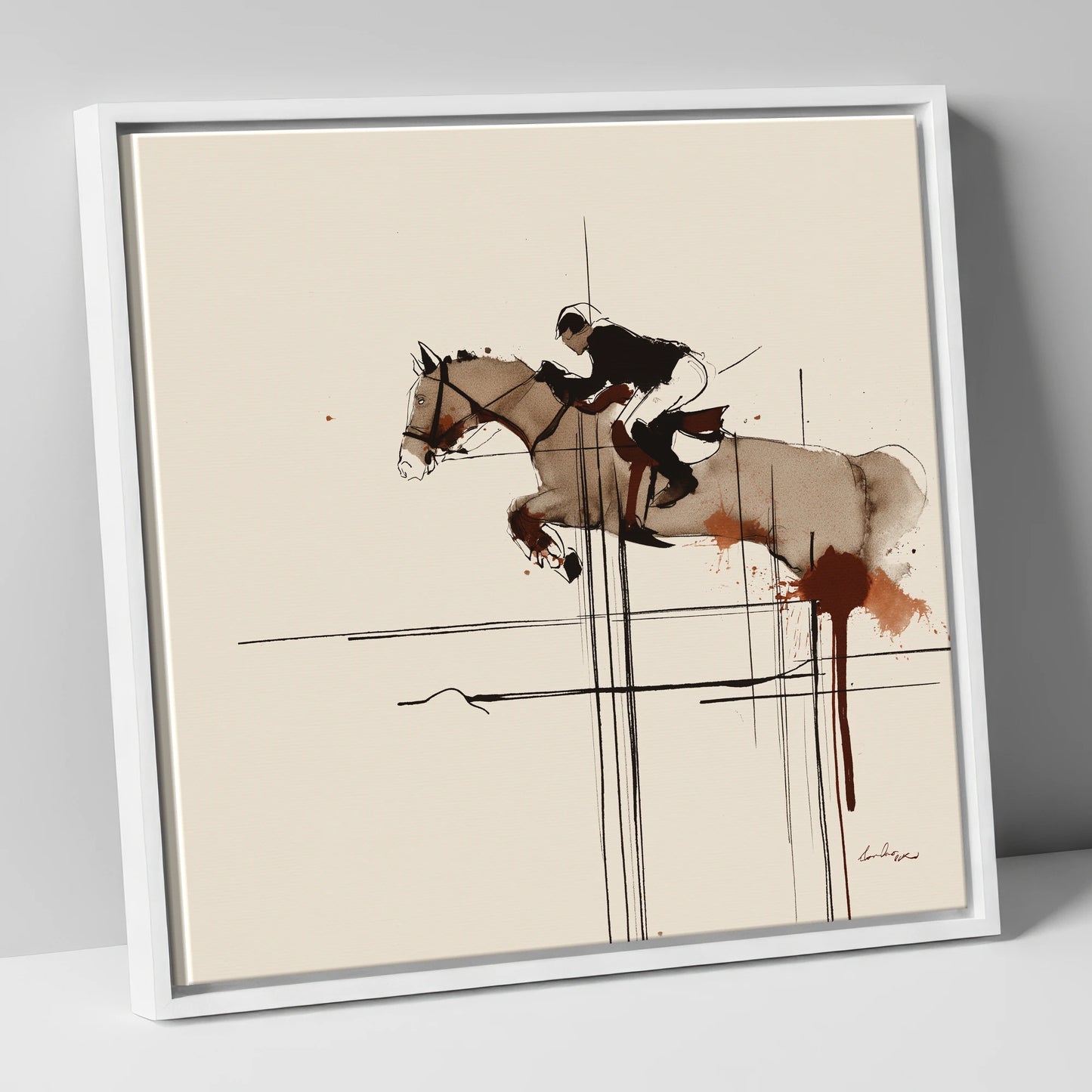 Precision and Flight show jumping horse canvas wall art in white frame