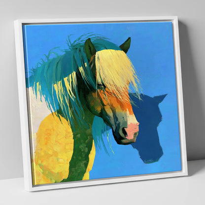 Bold Yellow and Teal Horse horse breed canvas wall art in white frame