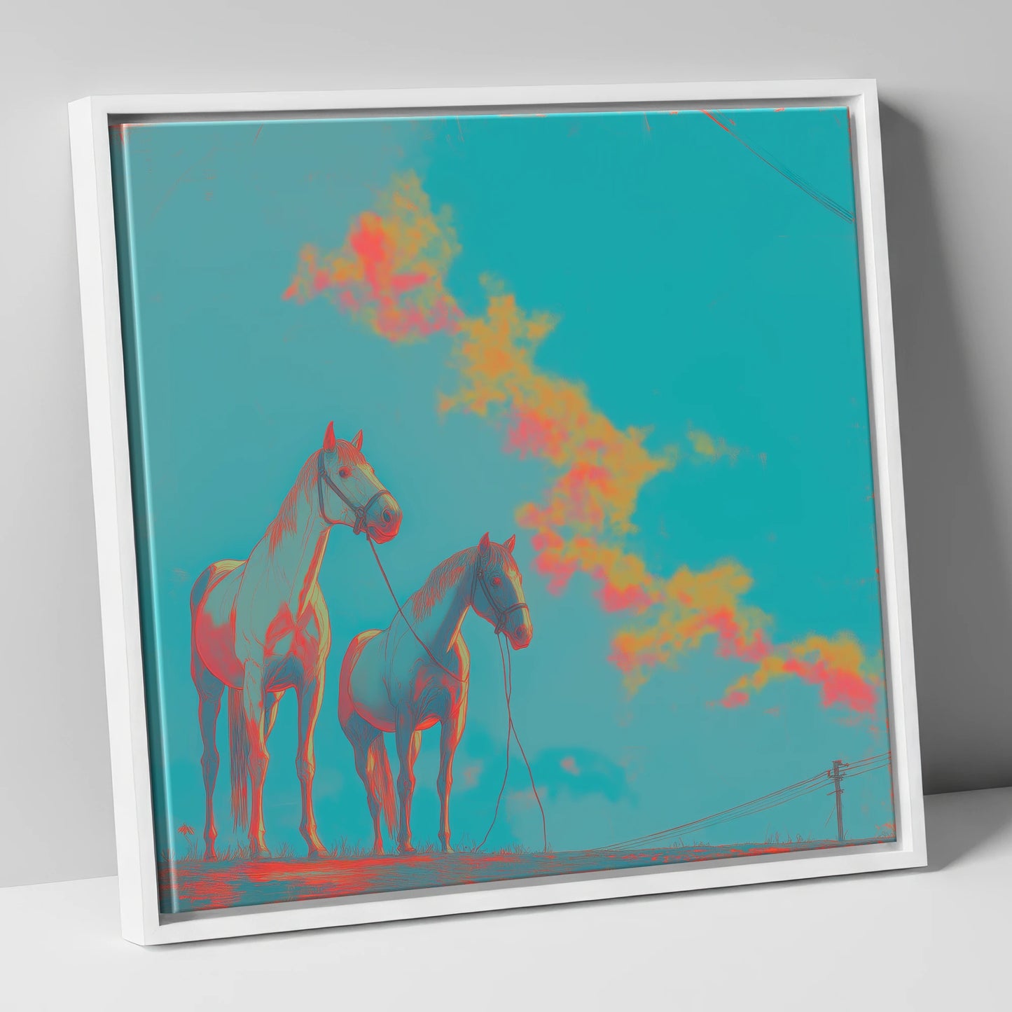 Electric Cyan Skies horse landscape canvas wall art in white frame