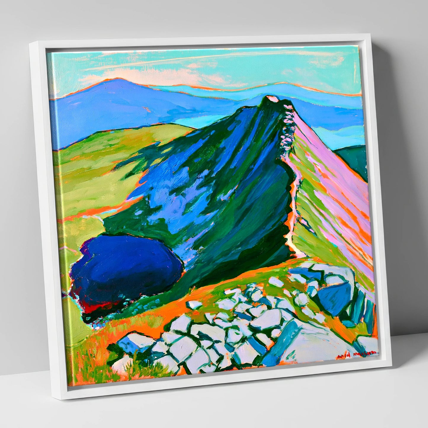 Vibrant Mountain Ridge And Tarn horse landscape canvas wall art in white frame