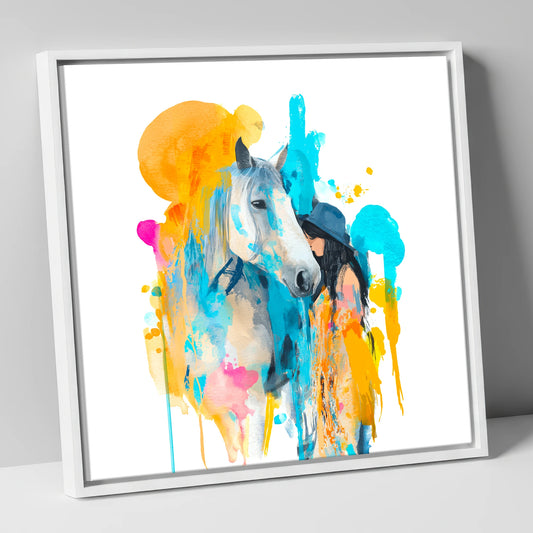 Vibrant Connection horse & rider canvas wall art in white frame
